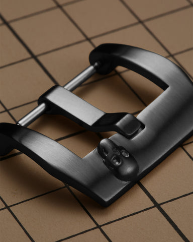 Black 316L Stainless Steel Trapezoid Pre-V Style Watch Buckle with Gothic Skull Relief | Matte Brushed Finish