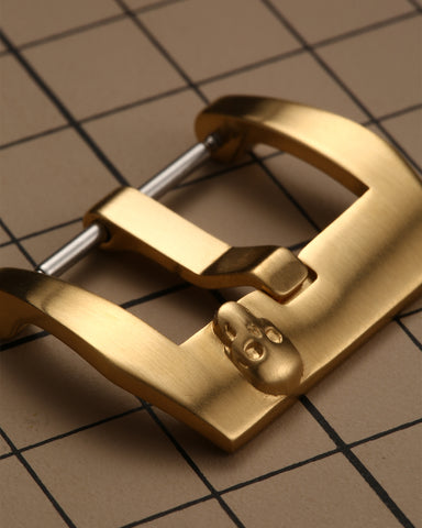 Gold 316L Stainless Steel Trapezoid Pre-V Style Watch Buckle with Gothic Skull Relief | Matte Brushed Finish